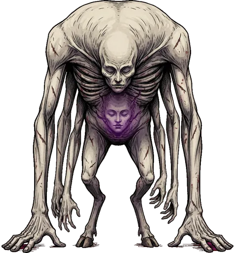 A long-limbed pale giant crouched on all fours, a face in its chest