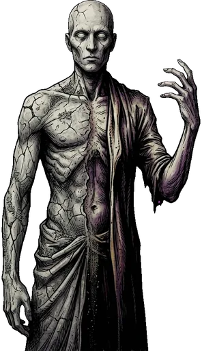 A grey man half turned to stone