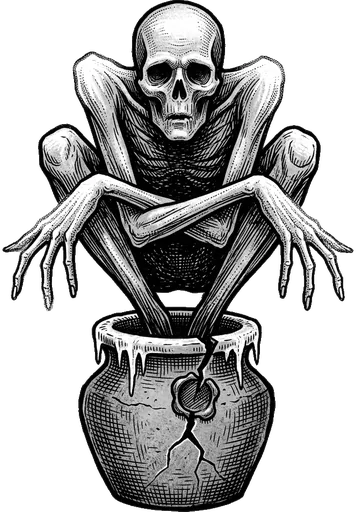 A pale skeletal figure crouched on top of a cracked urn