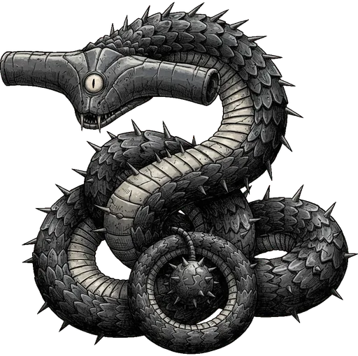 A coiled iron-scaled serpent with a hammer-shaped head