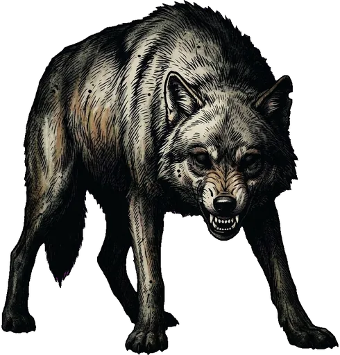 A huge grey wolf, head low